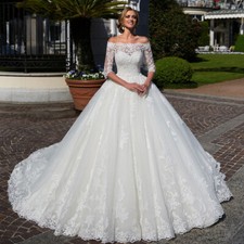 Fashion Wedding Dresses Applique Off Shoulder 3/4 Sleeves A-line Ball Bride Gown