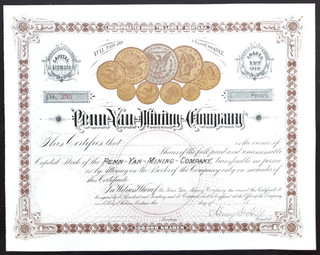 ⛏PENN YAN MINING COMPANY 1887 Stock Certificate Gold Coin Vignette RARE!