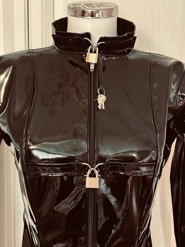 Misfitz black PVC padlock lockable mini dress, two way zip. SIZE 28. CD Goth - Picture 7 of 14