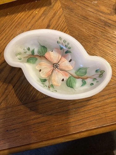 Vintage Hand Painted Floral Milk Glass Trinket Dish 7.5" x 4.5"
