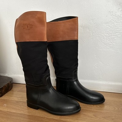 Polo Ralph Lauren Black Rubber & Tan Leather Equestrian Riding Boots Size 8