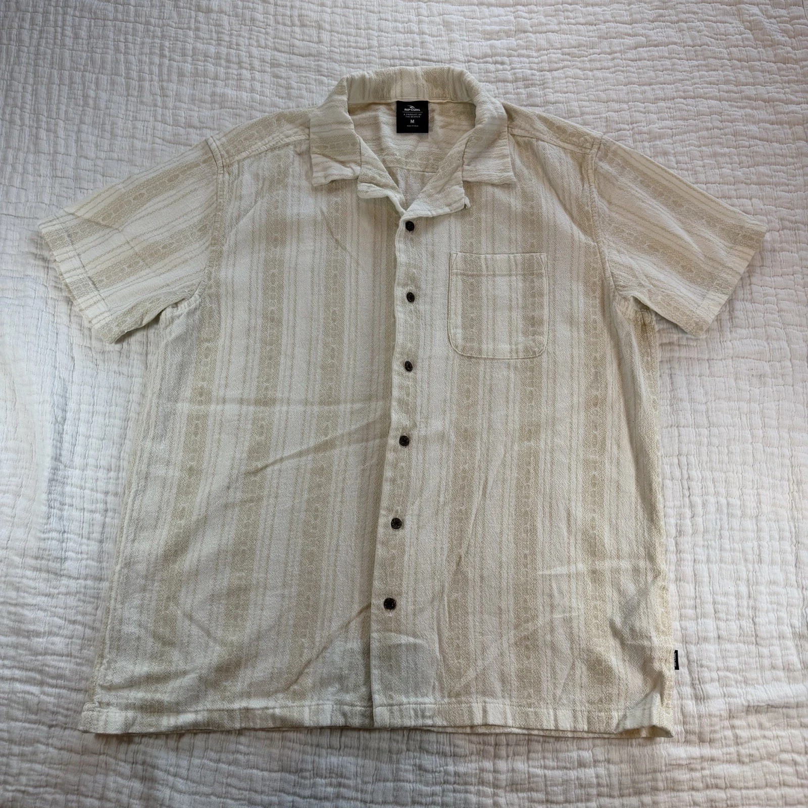 Rip Curl Men's Beige White Striped Cotton Short Sleeve Button-Up Shirt M
