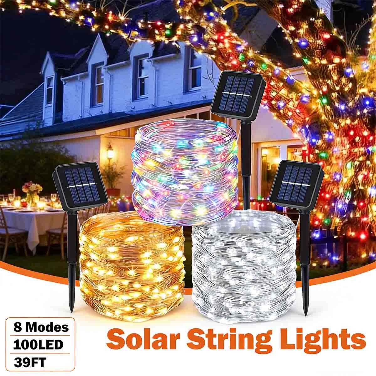 2 Pack Solar Copper Wire Lights, 39Ft 100LED 8 Modes for Christmas Garden Decor