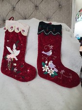 2 Vntg Velvet/Embroidered Christmas Stockings Bird Theme 18"
