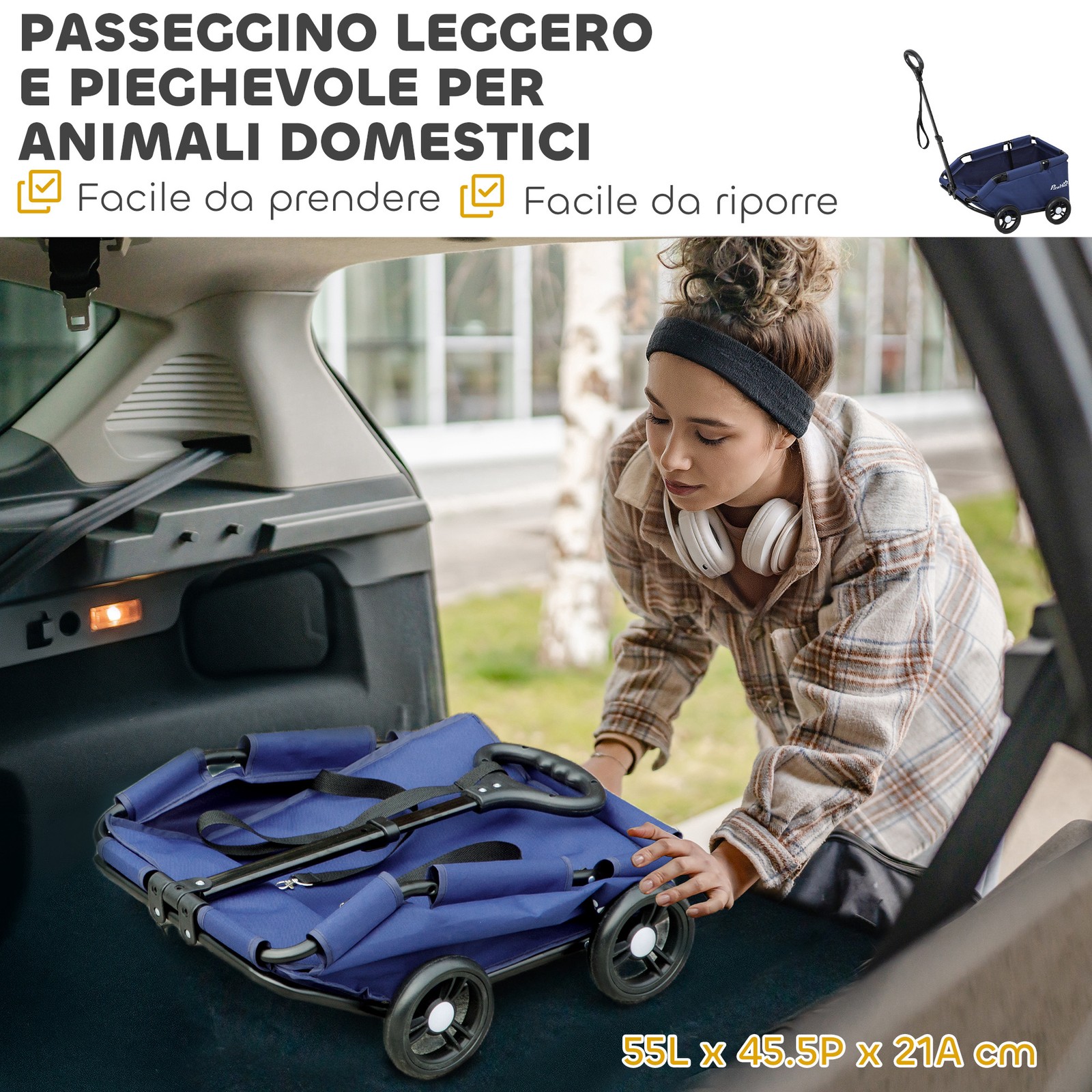 PawHut Passeggino Cani Pieghevole con Borsa Portaoggetti e Cuscino Blu Scuro foto 5