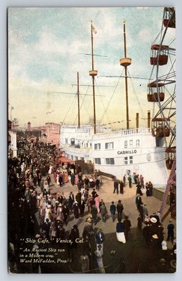Ship Cafe Cabrillo Venice California Amusement Park Crowd Postcard c1910s