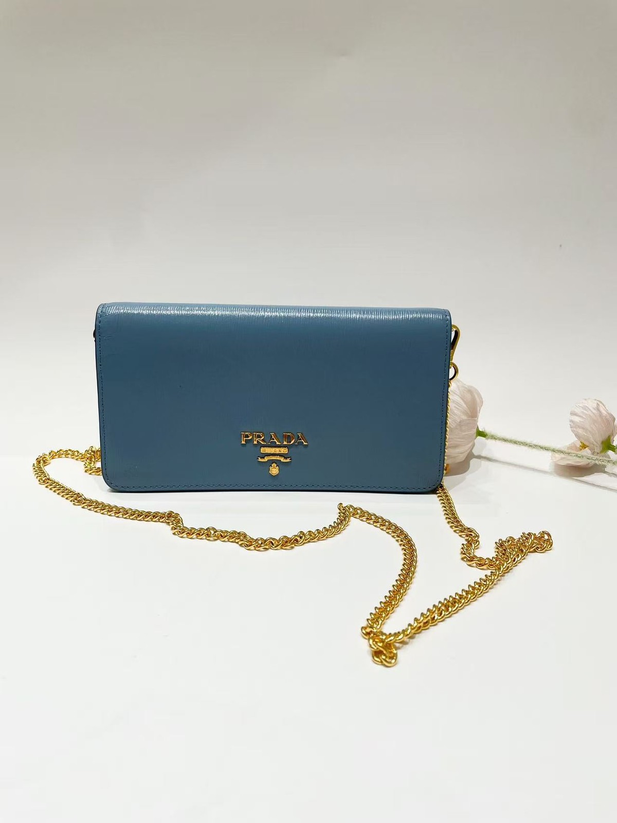 Prada Blue Calfskin Chain Wallet