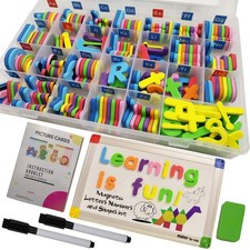 Kids Magnetic Letters Numbers Shapes 291pc Set with Double-Sided Whiteboard