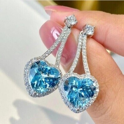 3Ct Heart Cut Lab-Created Aquamarine Drop/Dangle Earrings 14K White Gold Plated
