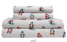 Holly Jolly Microfiber Alpine Skiing Penguins Sheets King Size Holiday Christmas