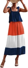Women's Self-Tie Strap Elastic High Waist Color Contrast Ruffle Tiered Dress