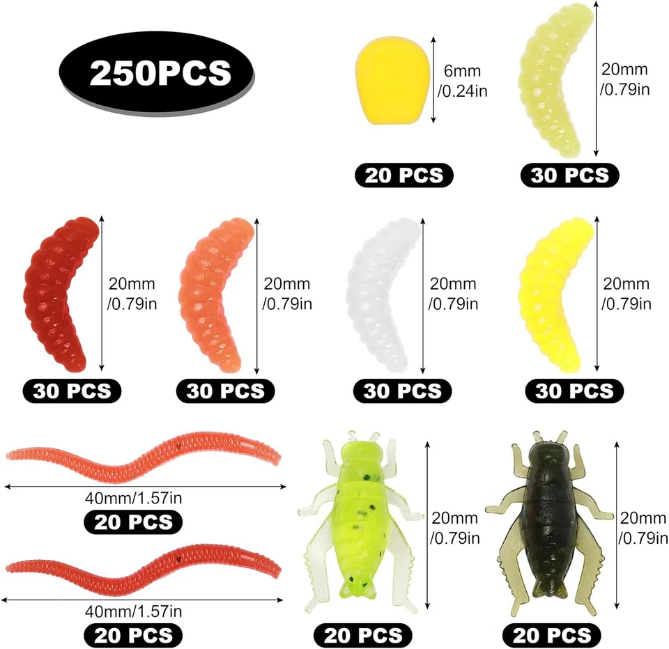 250 Stück Künstlicher Wurm Angelköder Set Bienenmaden Gummiköder Forellenköder - Bild 2 von 4