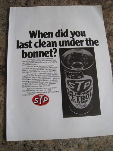 STP NEUE VERBESSERTE BENZINBEHANDLUNG SAUBERE MOTORHAUBE 1973 WERBUNG CA. A4 AKTE 17