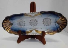 ANTIQUE 1800's Old Paris Porcelain Pickle / Celery Dish Gilt IRIS Flow Blue