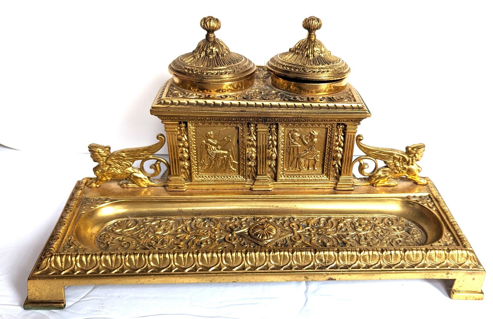 Antique Gilt Bronze Griffin Sphinx Double Inkwell French Empire Extraordinary