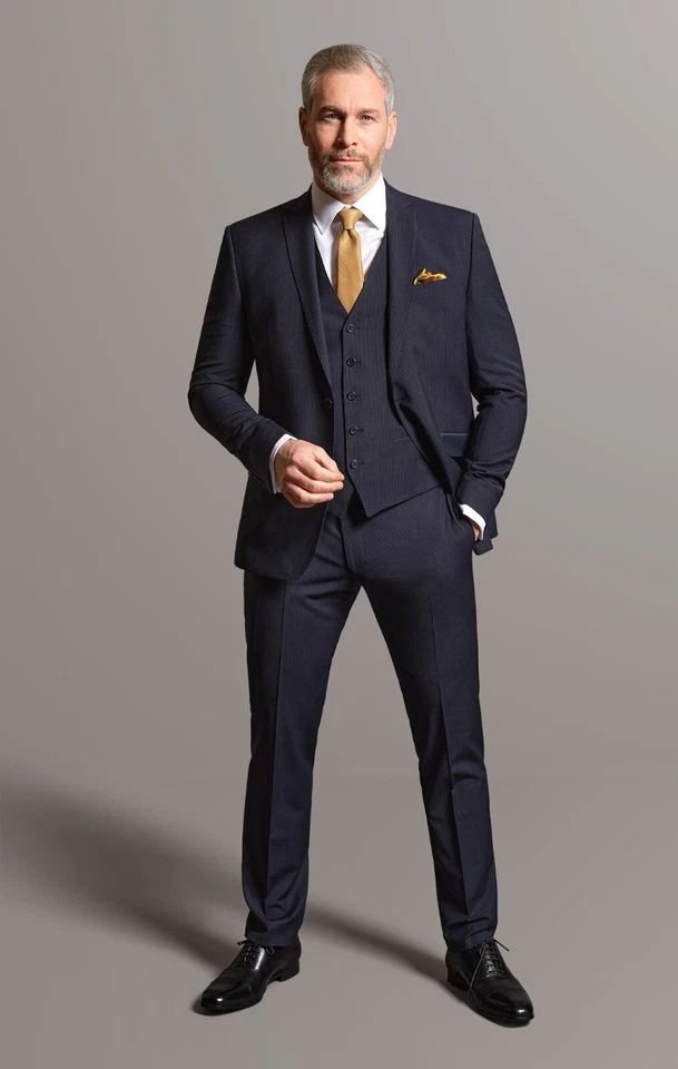 Navy Blue Pinstripe Three Piece Suit Slim Fit Tom Percy - Image 2 of 4