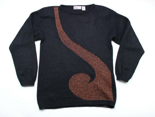 Vintage 1980s Womens Sweater Black and Metallic Bronze Long Sleeve Size Medium