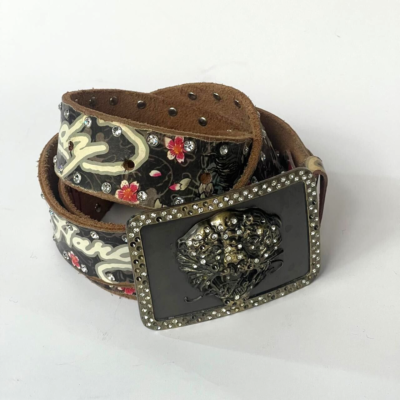 Y2K Rare Ed Hardy Glitter Large Buckle Belt Leather Rhinestone One