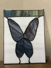 Vintage Leaded Stained Glass Panel Pane W Indigo Blue Butterfly Suncatcher Wall