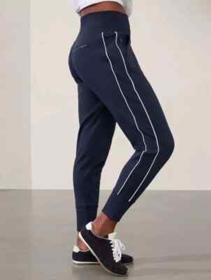 Athleta MT M TALL Venice High Rise Track Stripe Jogger Navy /White Joggers Pants