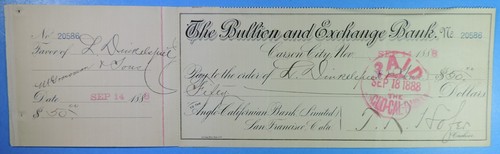 1888 The Bullion & Exchange Bank Carson City Nevada Bank Check with Receipt