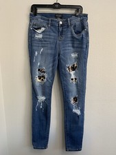 Judy Blue Jeans Distressed Skinny Fit Blue Leopard Print Patches Sz 9/29 Women's