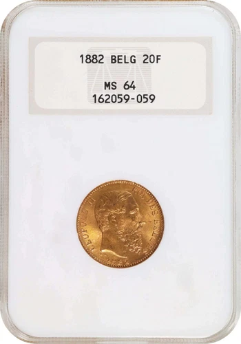 BELGIUM , GOLD 20 FRANCS 1882 - THE KEY DATE - NGC MS 64 ,,, RARE1