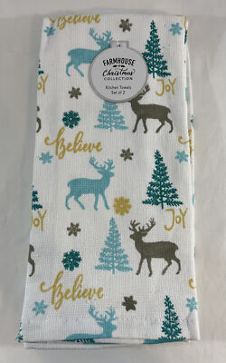 Farmhouse Christmas Set Of 2 Kitchen Towels Believe Joy Deer Pine Trees Snow New