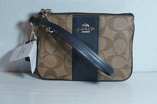 NWT COACH F528602 Khaki/Navy Signature PVC Stripe Small Wristlet 