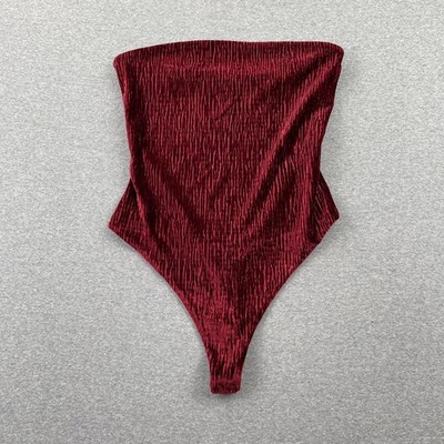 Naked Wardrobe Bodysuit Womens S Red Plush Velvet Tube Strapless Romantic Glam