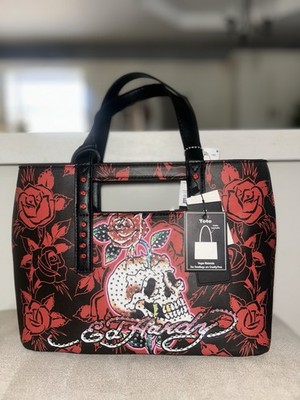 Ed Hardy Red Black Tote Bag with Skull, Rose, Rhinestone, Studded