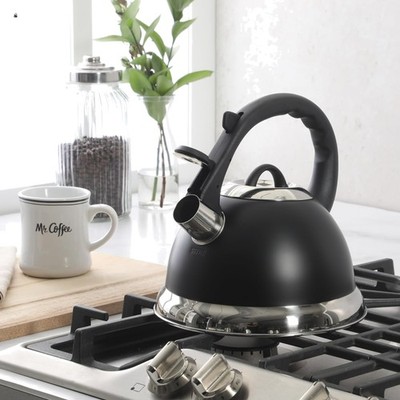 Induction Safe 2.4 Qt Matte Black Whistling Tea Kettle with Stainless Steel Trim