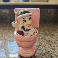 Vtg Man In Pink Toilet GOODBYE CRUEL WORLD Smoking Ashtray Ceramic Japan Kitschy