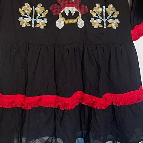 Stellah Dress XS Black Red Embroidered Floral Tassel Fringed Bohemian Flare - Picture 7 of 9