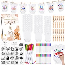 126 Pcs Baby Shower DIY Bodysuit Set Rustic Kraft Baby Shower Game Sign DIY B...