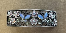 Hair Barrette Metal Scroll Enamel with Flowers and Butterflies 3 7/8" x 1 1/4"