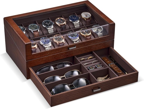Uhrenbox Holz 12 FäCher Uhrenkoffer Organizer Aufbewahrung Mit Glasdeckel-image