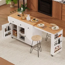 Rolling Kitchen Island Storage Cabinet w/Extendable Dining Table & Open Shelves