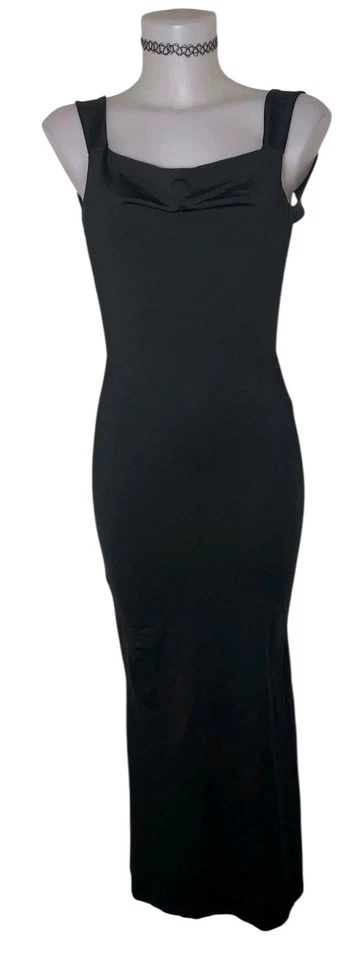 Womens Black Low Back Cowl Neck W/Bow Stretchy 90s Style Grunge Slip Dress Sz S - Image 2 of 4