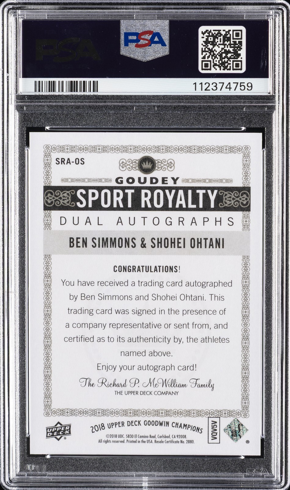 2018 GOODWIN CHAMPIONS GOUDEY SPORT ROYALTY AUTOS SIMMONS OHTANI RC PSA 9 view 2