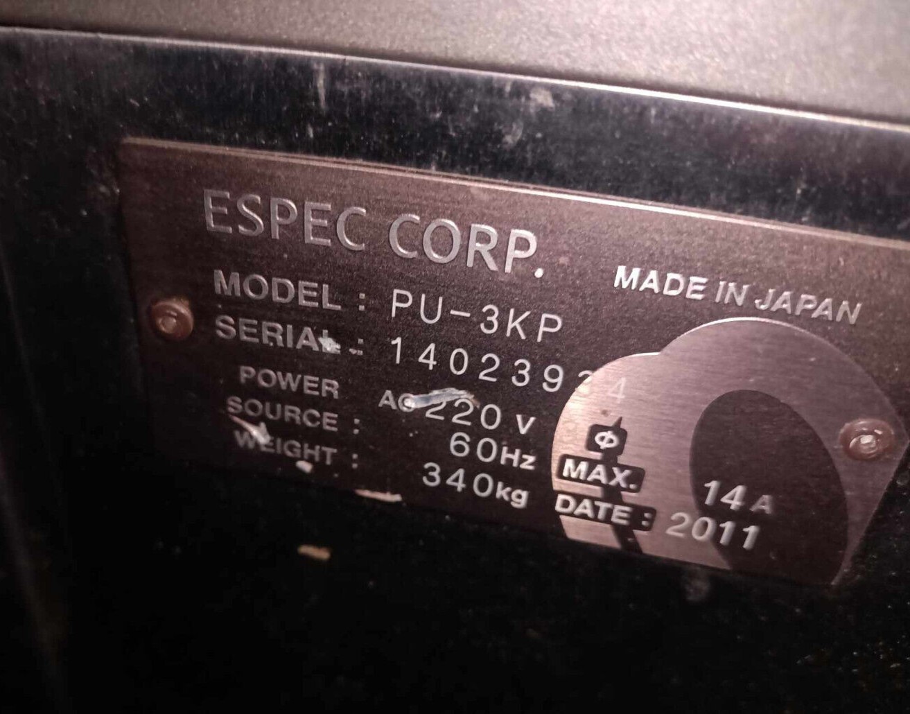 Espec PU-3KP PU3KP Temperature Chamber 14A AC220V SN:14023934 Made in Japan