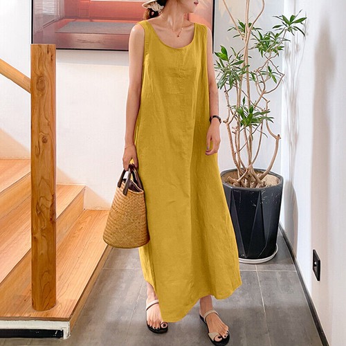 Women Sleeveless Vest Tank Long Dress Ladies Summer Solid Cotton Maxi Gown - Picture 14 of 27