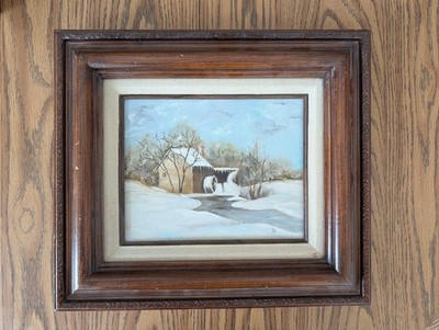 JH Framed Winter Landscape Mill Oil Painting on Canvas, Signed, Realism, 12x14in