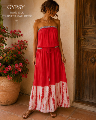 Gypsy 05 Global Village 100% Silk Cairo Strapless Maxi Dress Size Medium