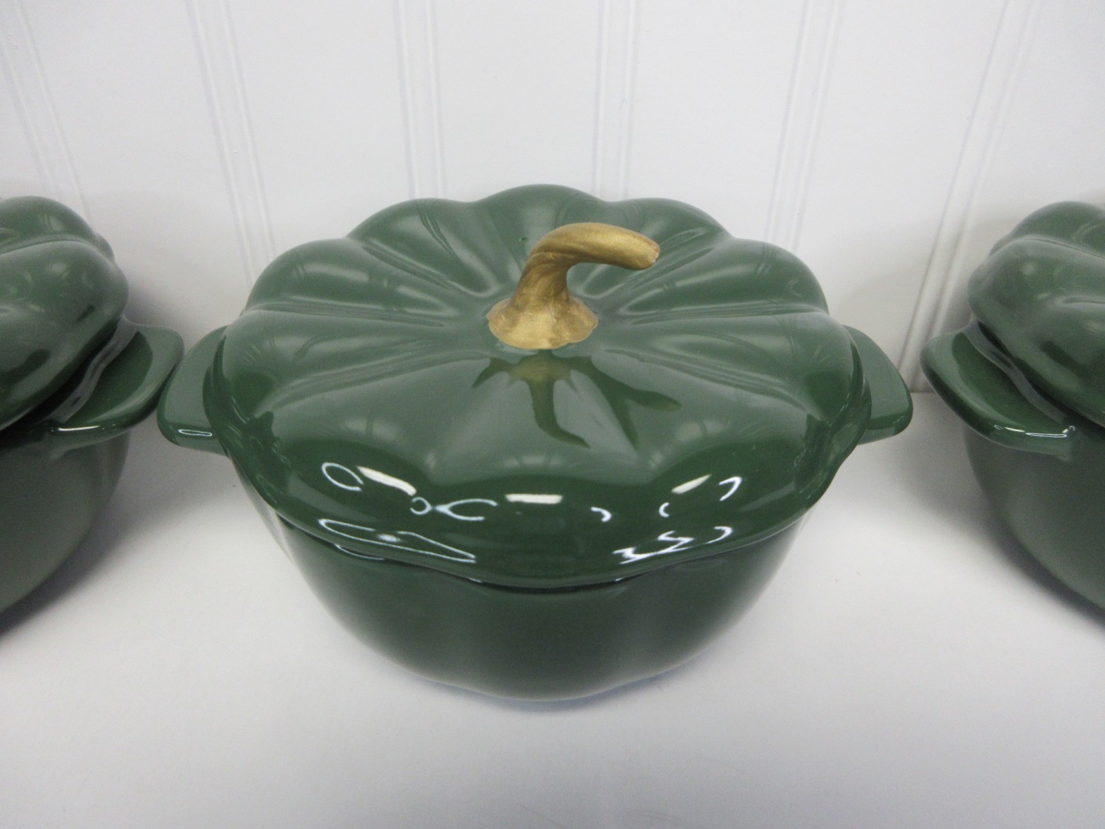 Pioneer Woman Ceramic Pumpkin Mini Dutch Oven Pot Cocottes Lids 3Pcs Green New
