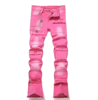 Men's Pink Rose Denim Cotton Cargo Multi Pockets Straight Leg Jeans Pants Punk - Image 1 of 4