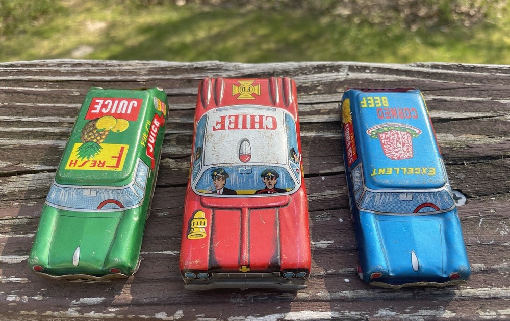 Lot Of 3 Vintage Fire Chief & Race Cars Tin Litho Toys With Advertising JAPAN