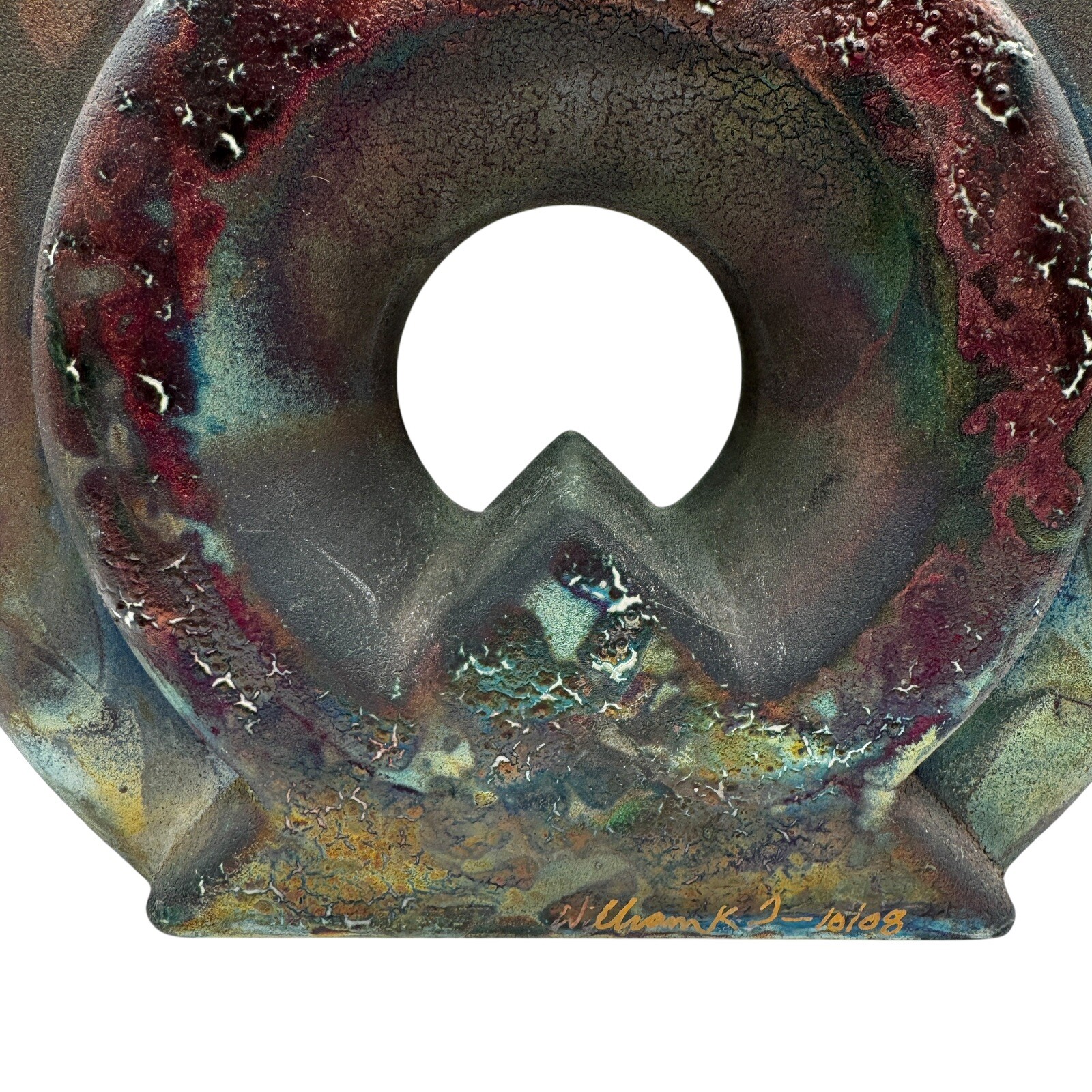 Signed William K Turner Studio Art Pottery Raku Round Iridescent Table Vase