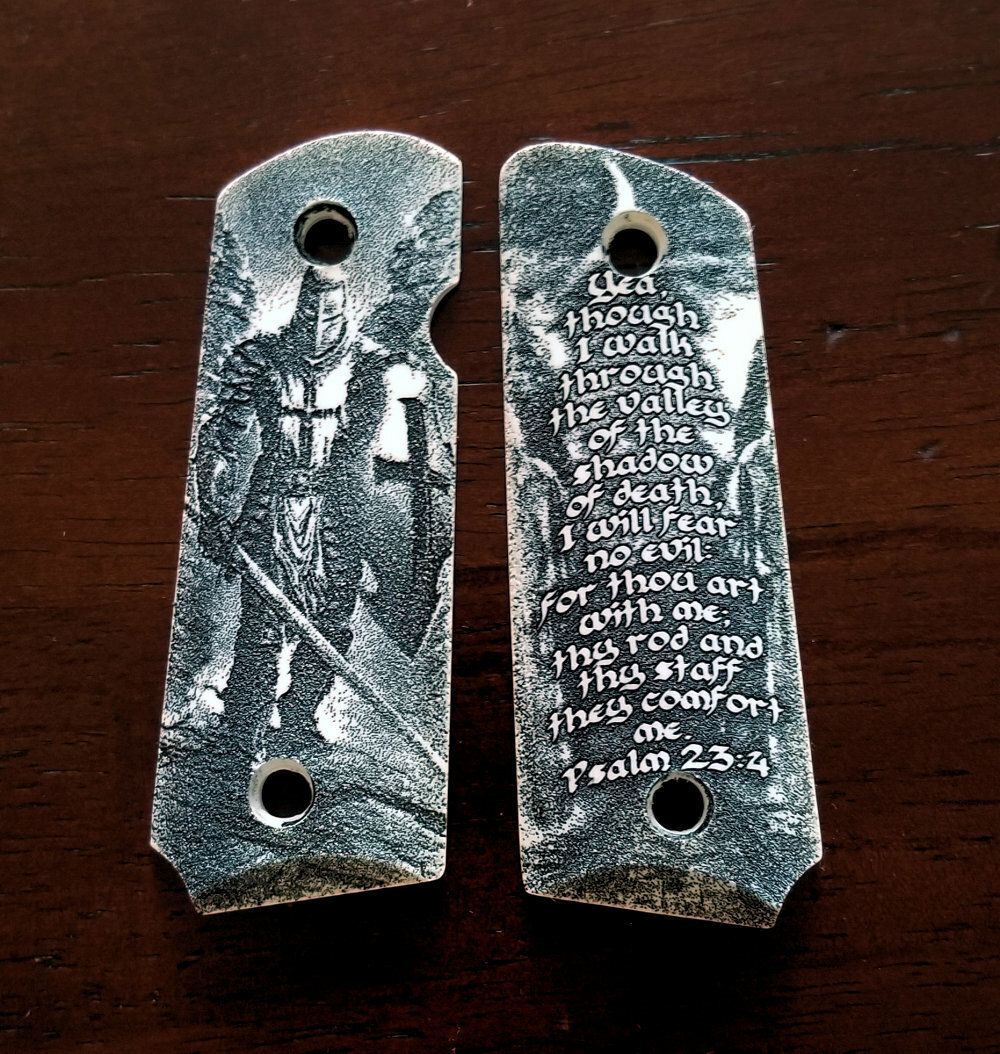 Compact 1911 custom engraved faux ivory grips Crusader Templar