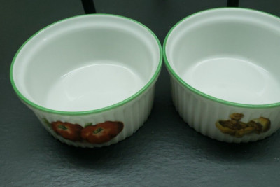 Piliivite  Porcelain Ribbed Ramekins Vegetables  with Green Trim France Set of 2